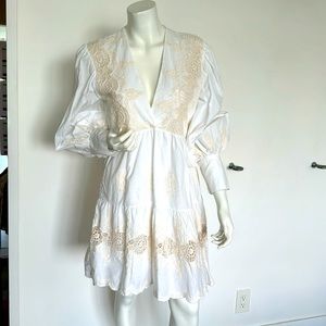 Tensione Italian white short dress with cream embroidery, long sleeve, cotton, S